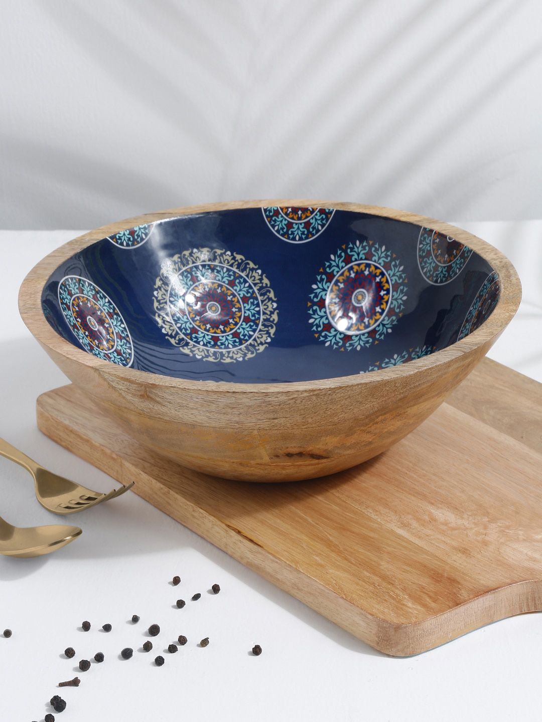 EK BY EKTA KAPOOR Blue & Brown Enamel Printed Wooden Serving Bowl Price in India