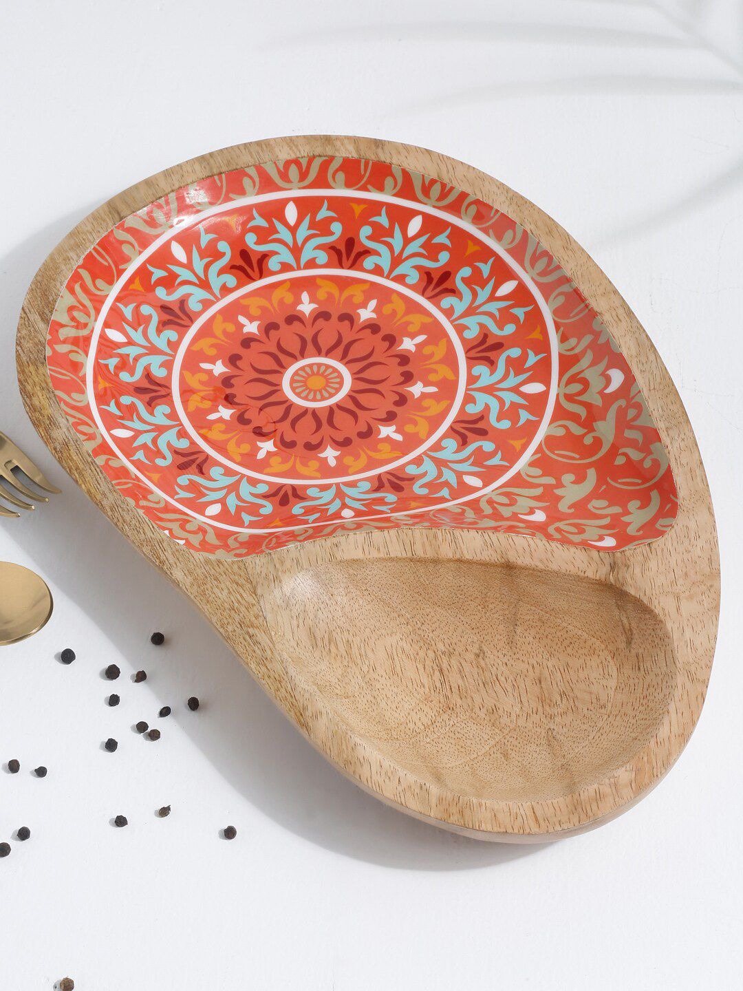 EK BY EKTA KAPOOR Peach Utkarsh Mandala Enamel Printed Wooden Platter With Dip Bowl Price in India