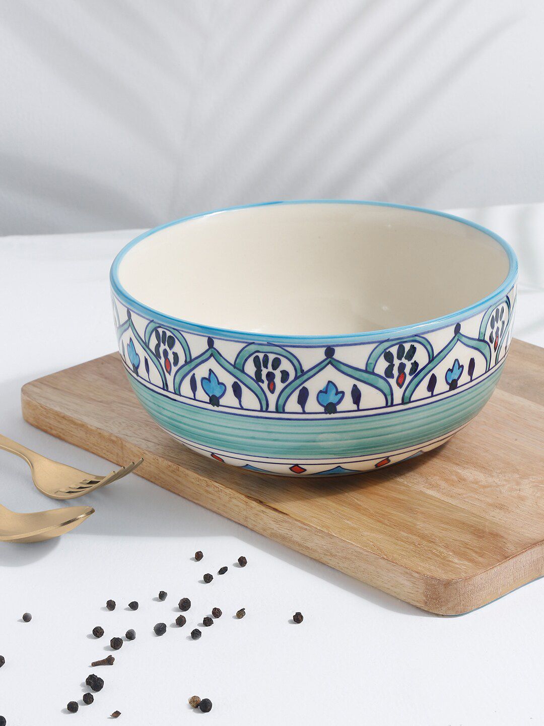 EK BY EKTA KAPOOR Off-White & Blue Mandala Printed Handmade Glazed Ceramic Serving Bowl Price in India