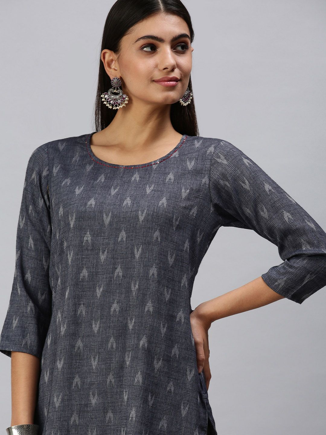 SHOWOFF Grey Geometric Woven Design Kurti Price in India