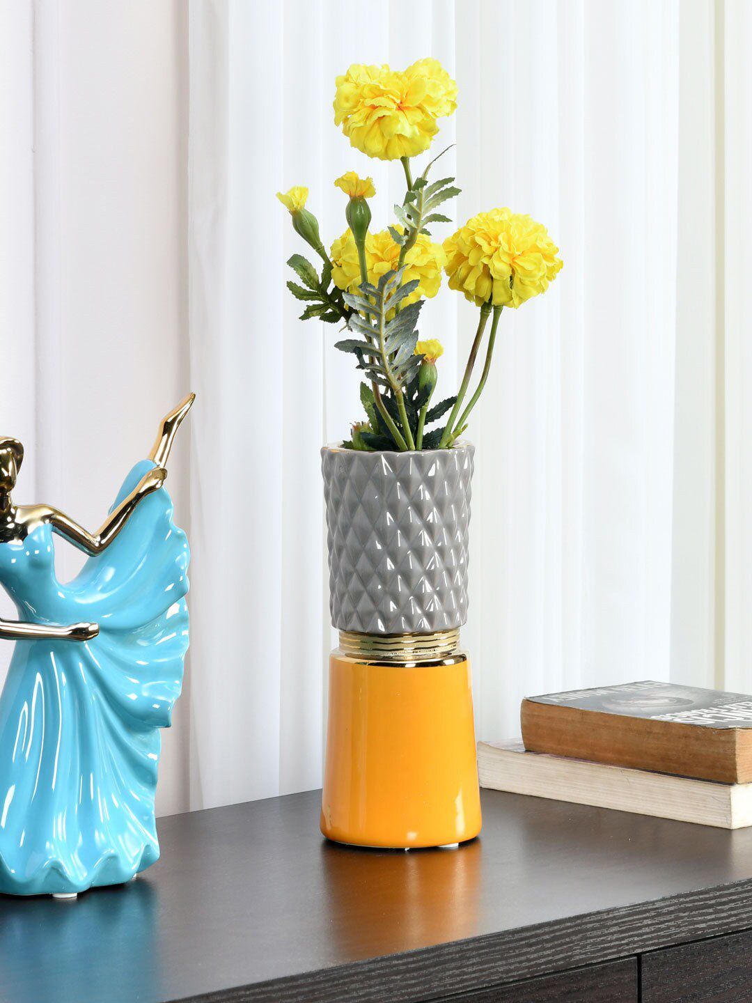 Athome by Nilkamal Mustard Yellow & Grey Colourblocked Ceramic Hour Glass Vase Price in India