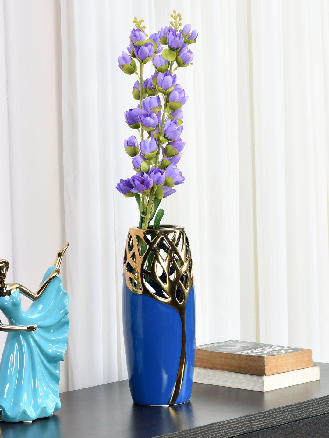 Athome by Nilkamal Blue & Golden Ceramic Tree Branch Tumbler Vase Price in India