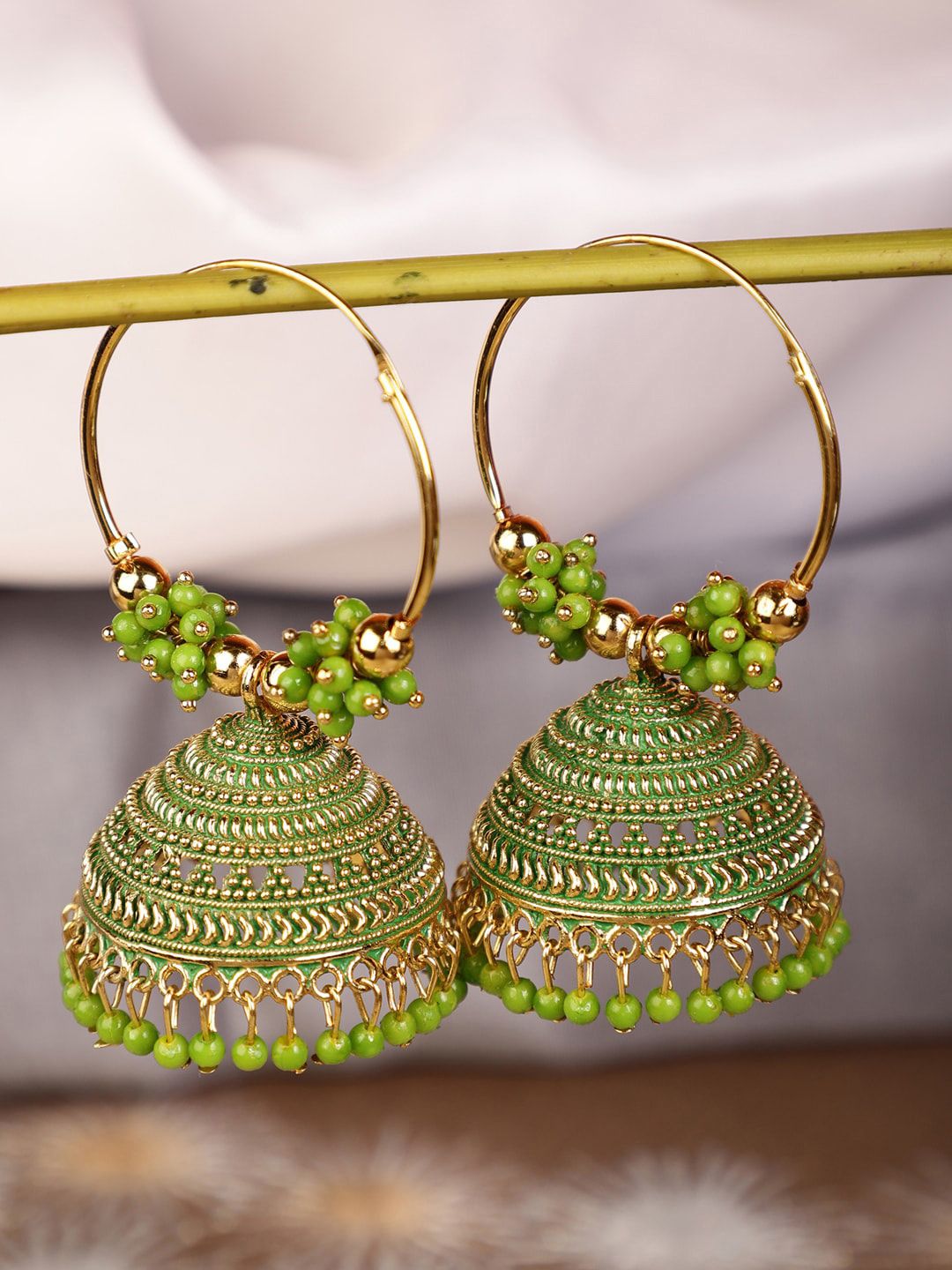 Shining Diva Green Contemporary Artificial Stones And Beads Jhumkas Earrings Price in India