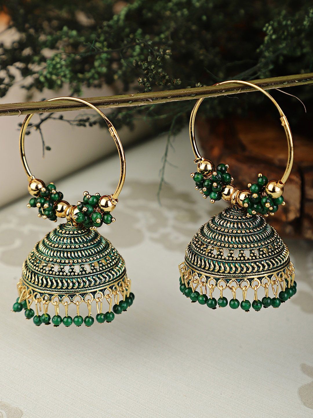 Shining Diva Green Contemporary Jhumkas Earrings Price in India