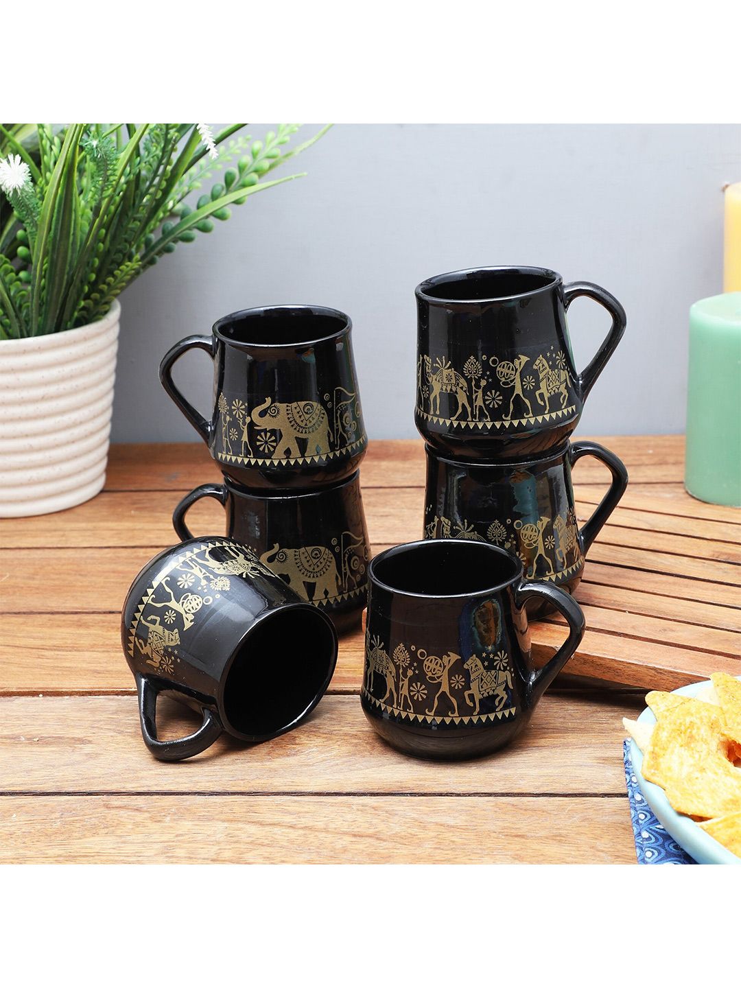 The Decor Mart Black Ethnic Motifs Ceramic Microwave Safe 6 Piece Mugs-200ml