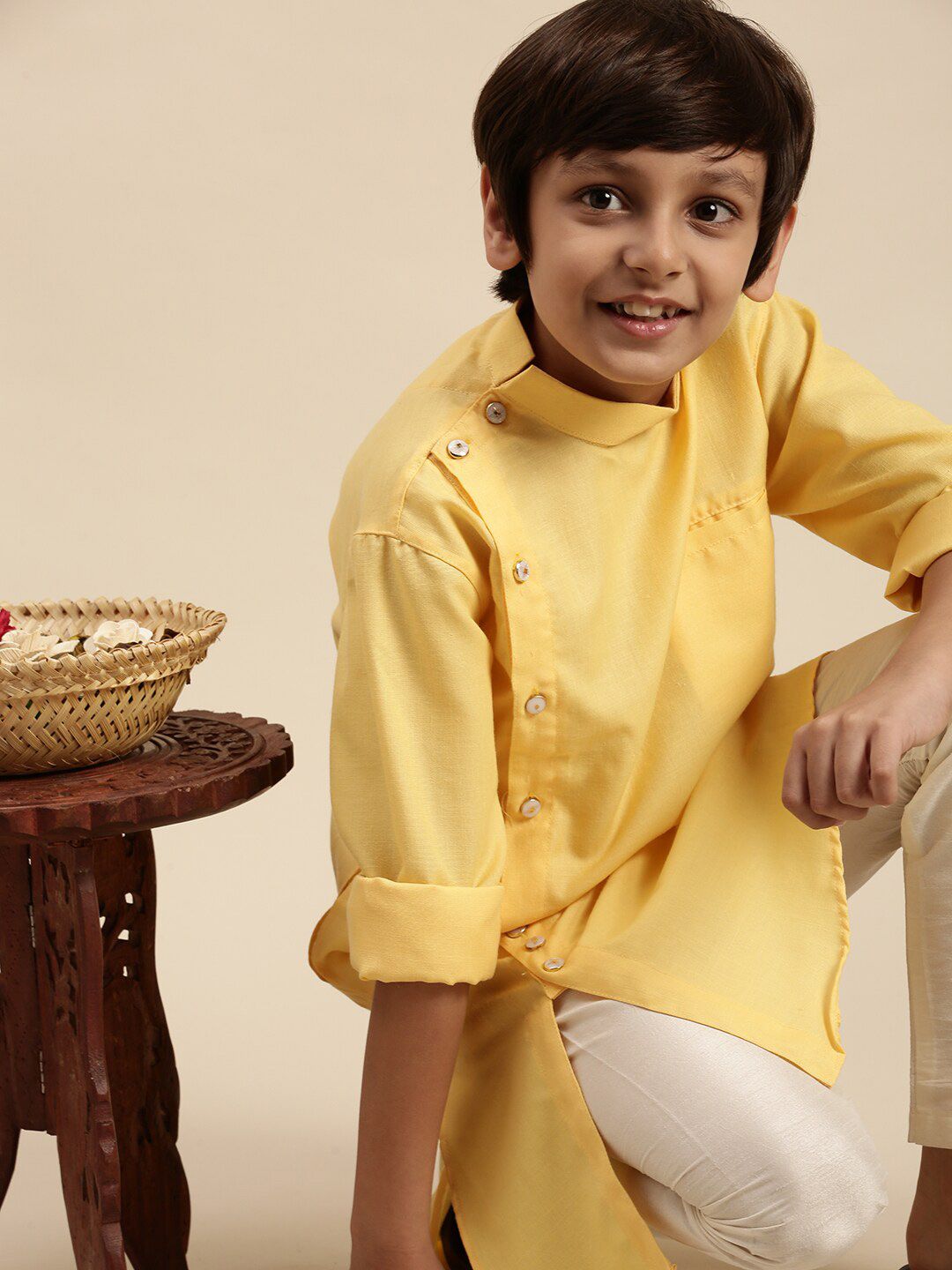 Here&Now X Sanwara Boys Yellow & Off White Cotton Silk Angrakha Kurta with Pyjamas