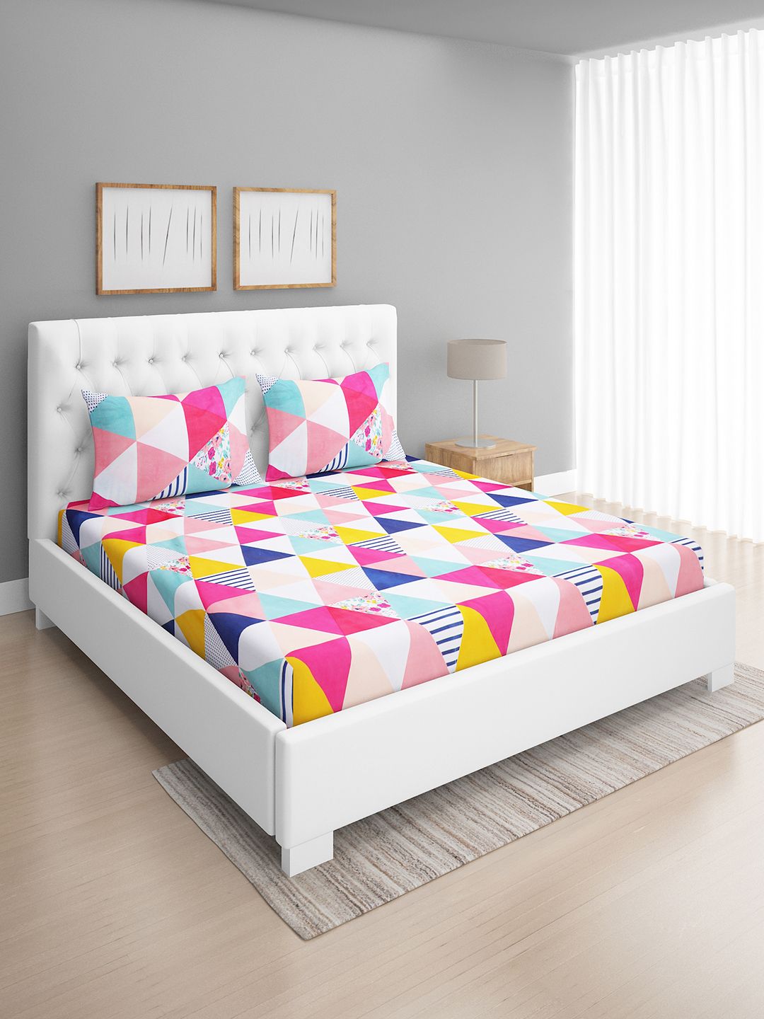 ROMEE White & Multi Geometric 144 TC Cotton Queen Double Bedsheets with 2 Pillow Covers Price in India