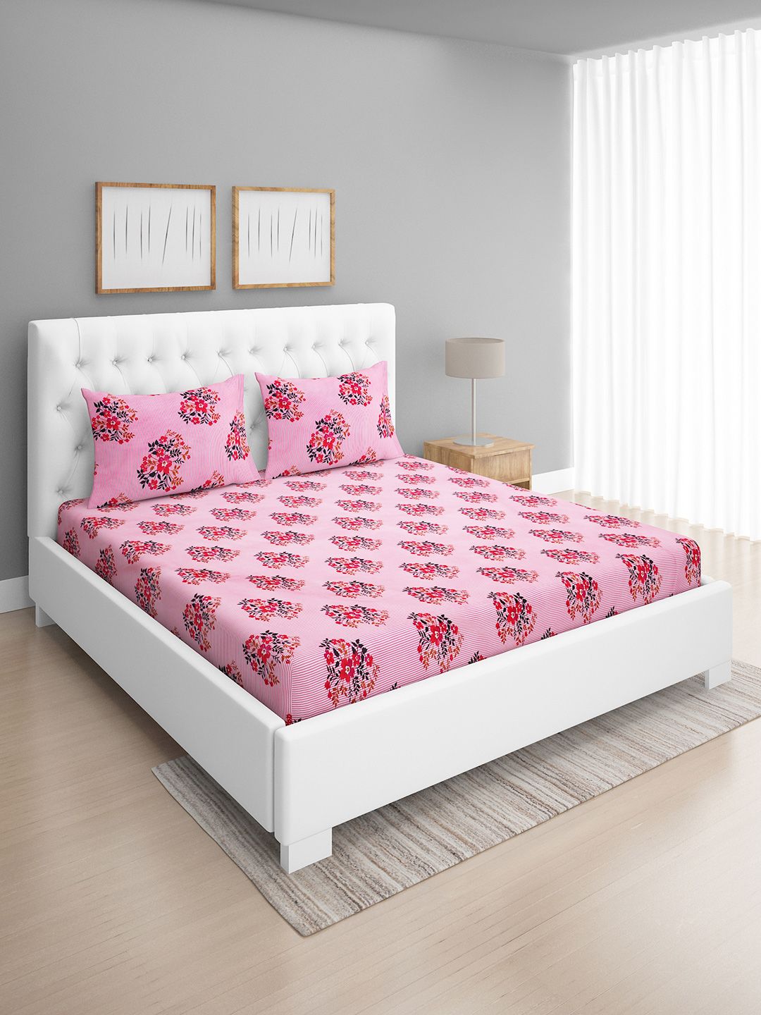 ROMEE Pink Floral 144 TC Pure Cotton Queen Bedsheet with 2 Pillow Covers Price in India