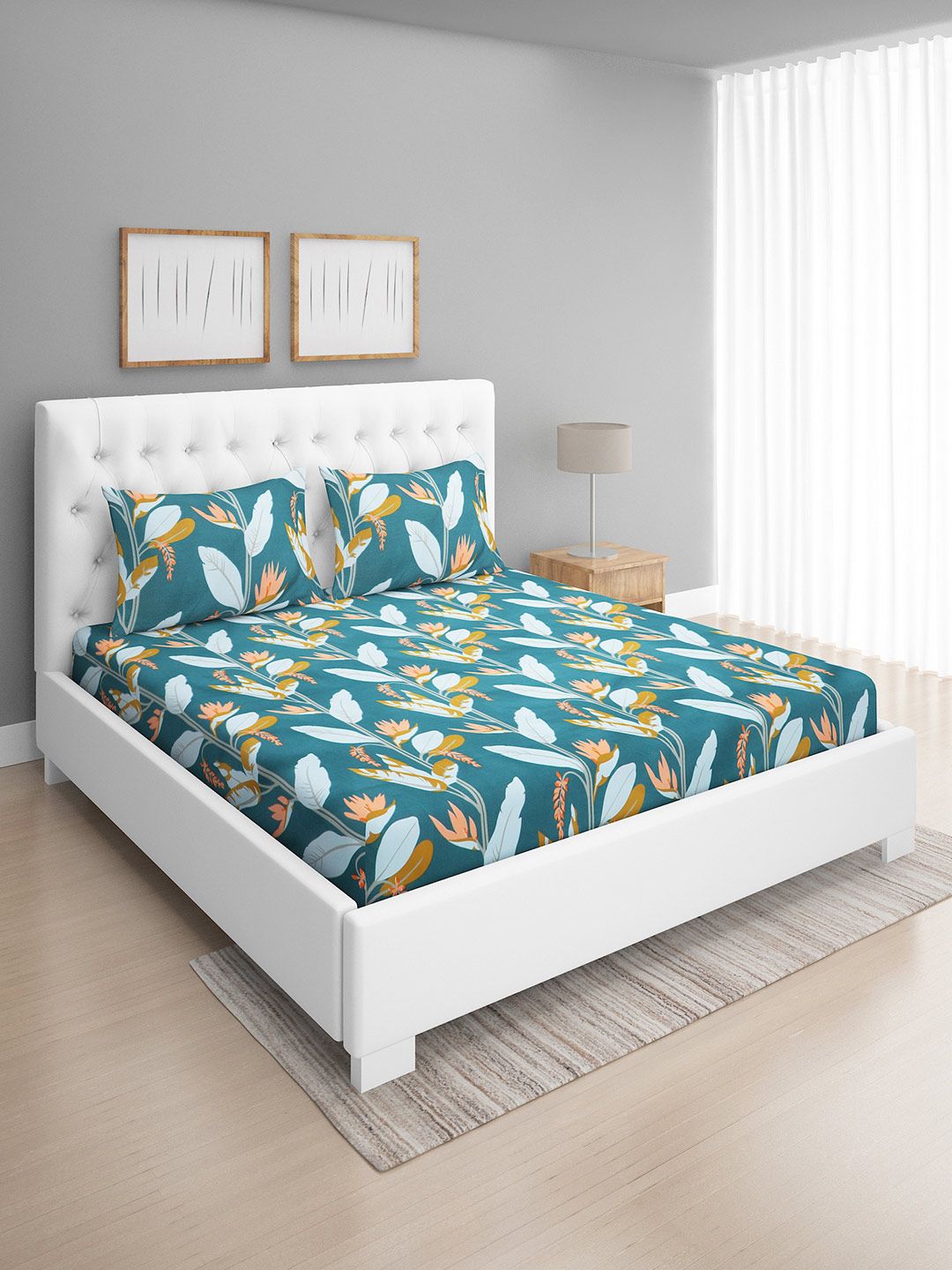 ROMEE Teal Green & Mustard Yellow Floral 144 TC Cotton Queen Bedsheet with 2 Pillow Covers Price in India