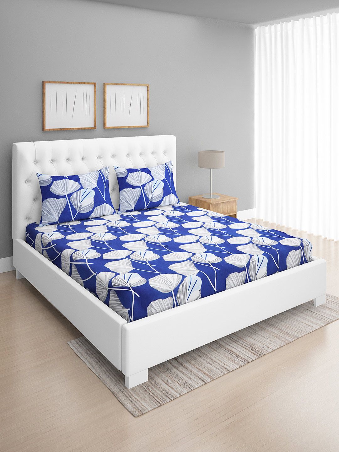 ROMEE Blue & White Floral Printed 144 TC Cotton 1 Queen Bedsheet with 2 Pillow Covers Price in India