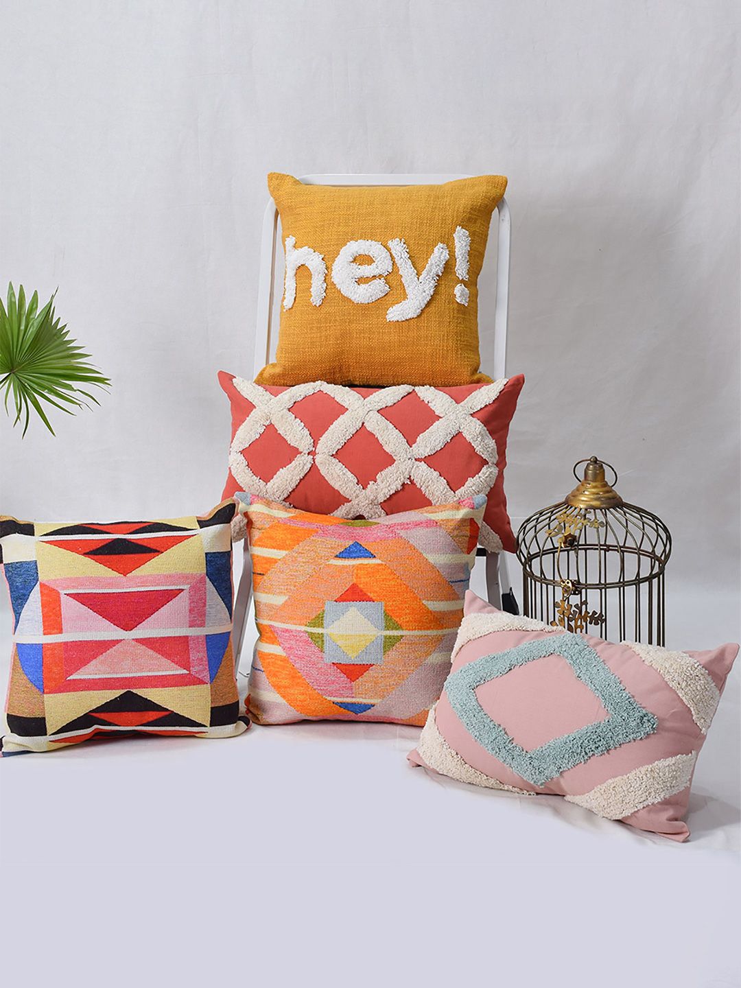 BLANC9 Yellow & Pink Set of 5 Geometric Square & Rectangle Cotton Cushion Covers Price in India