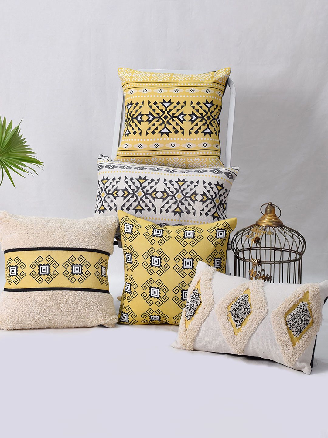 BLANC9 Yellow & Black Set of 5 Ethnic Motifs Square Cushion Covers Price in India