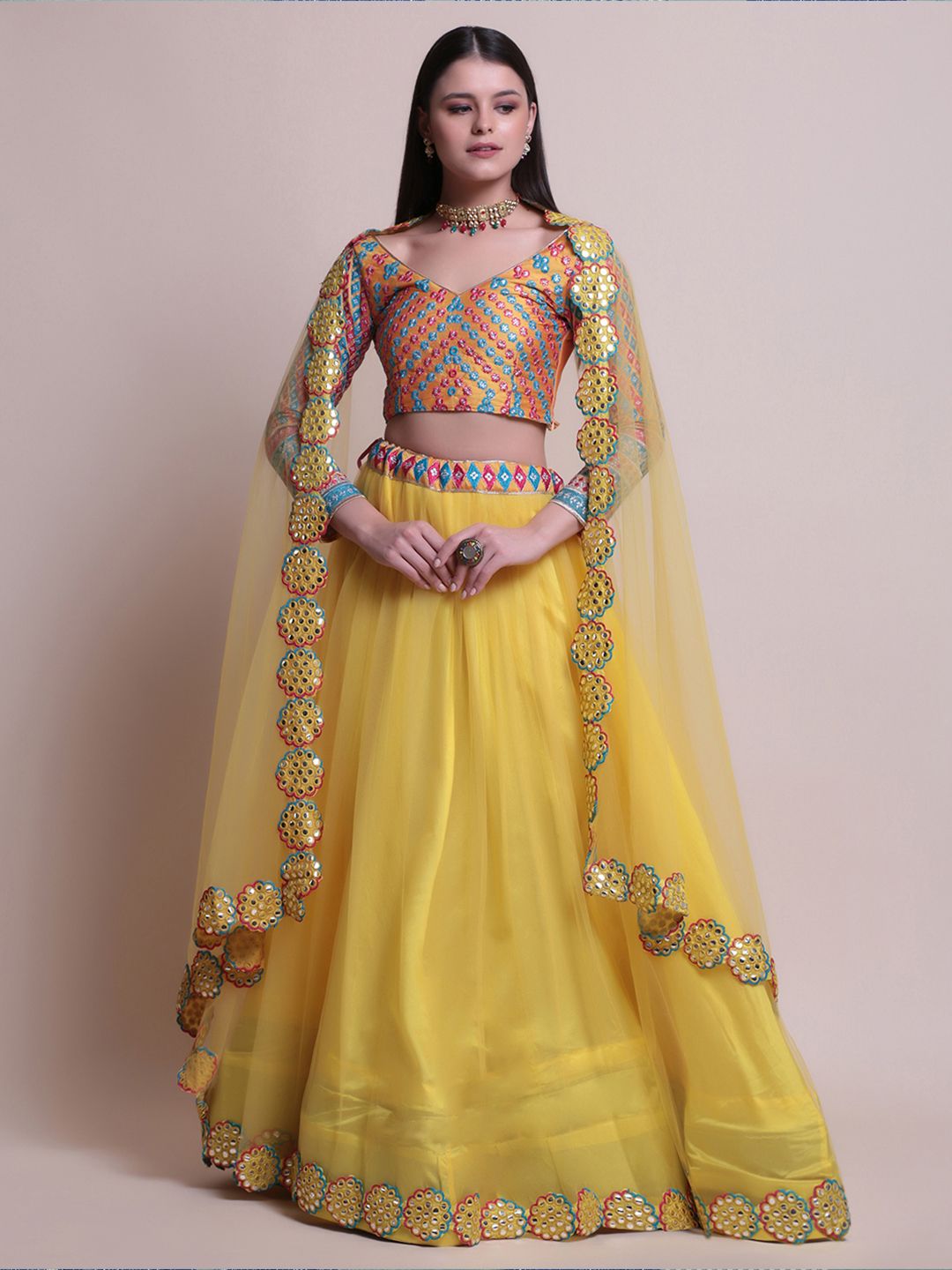 Atsevam Yellow & Orange Embellished Semi-Stitched Lehenga & Unstitched Blouse With Dupatta Price in India