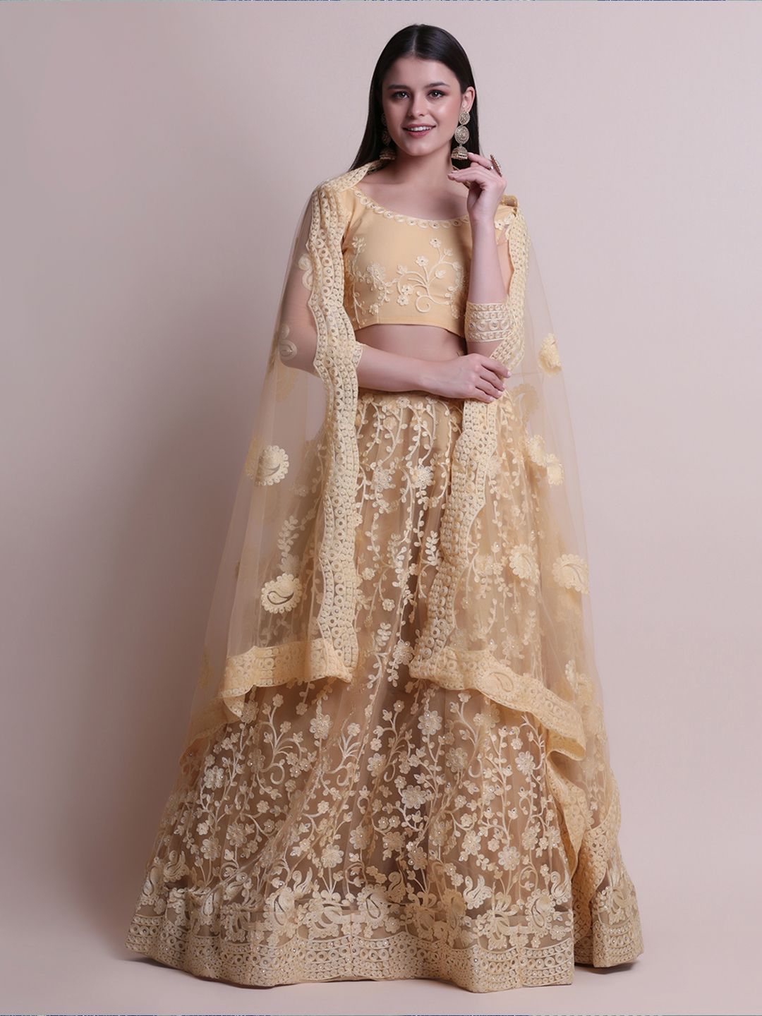 Atsevam Beige & Silver Embroidered Semi-Stitched Lehenga & Unstitched Blouse With Dupatta Price in India