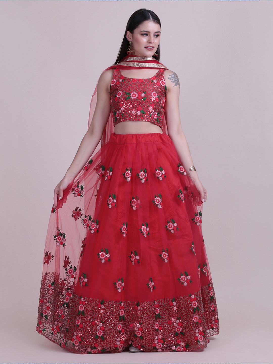 Atsevam Red & Green Embellished Sequinned Semi-Stitched Lehenga & Unstitched Blouse With Dupatta Price in India