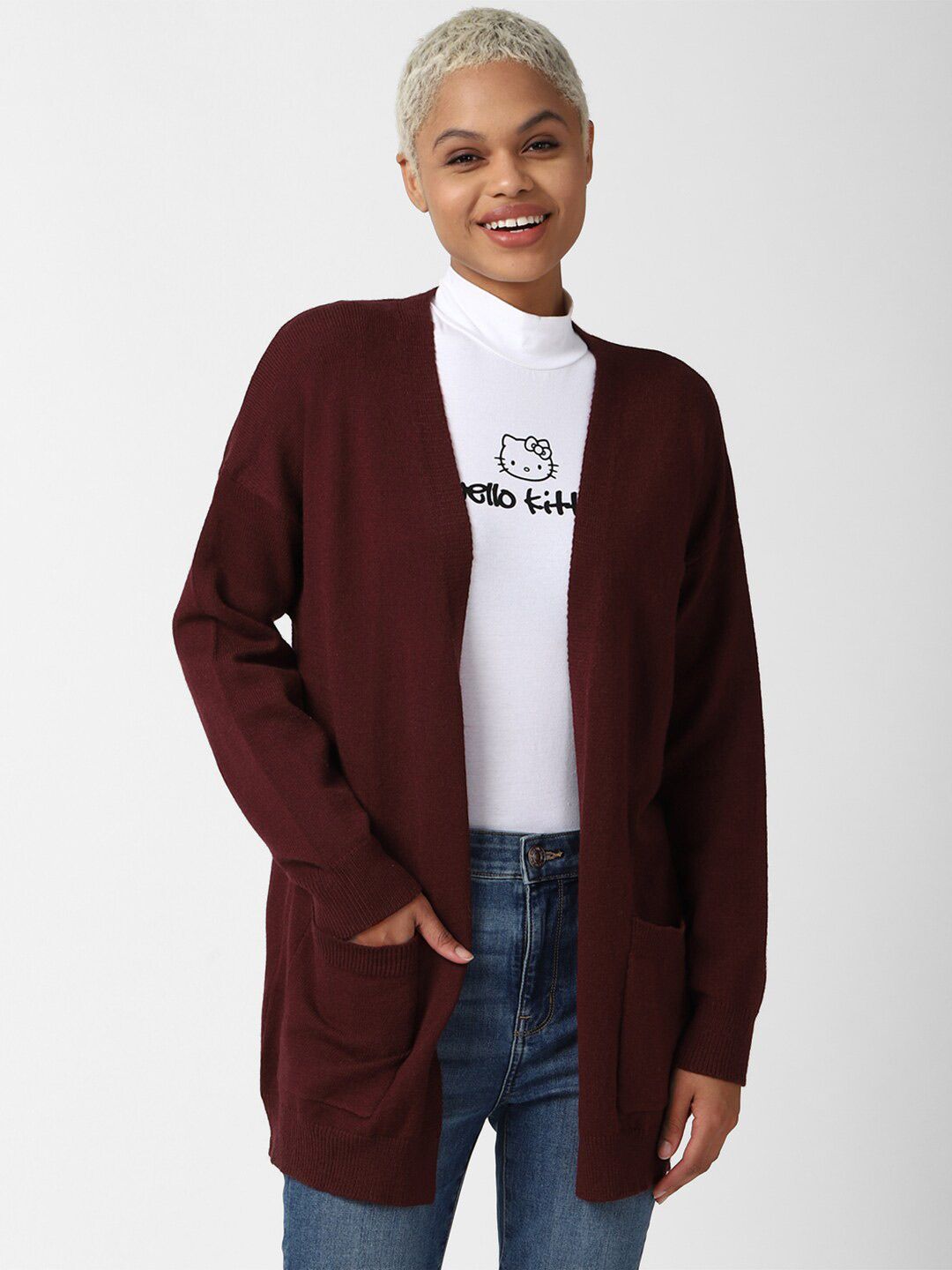 FOREVER 21 Women Maroon Longline Front-Open Sweater Price in India