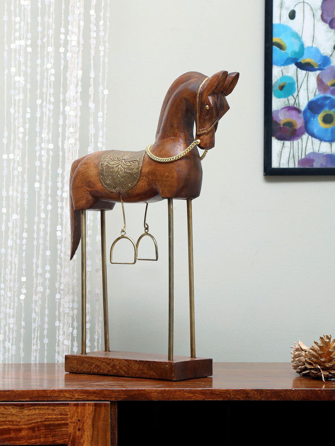 Athome by Nilkamal Brown & Gold-Toned Wooden Small Horse  Showpiece Price in India