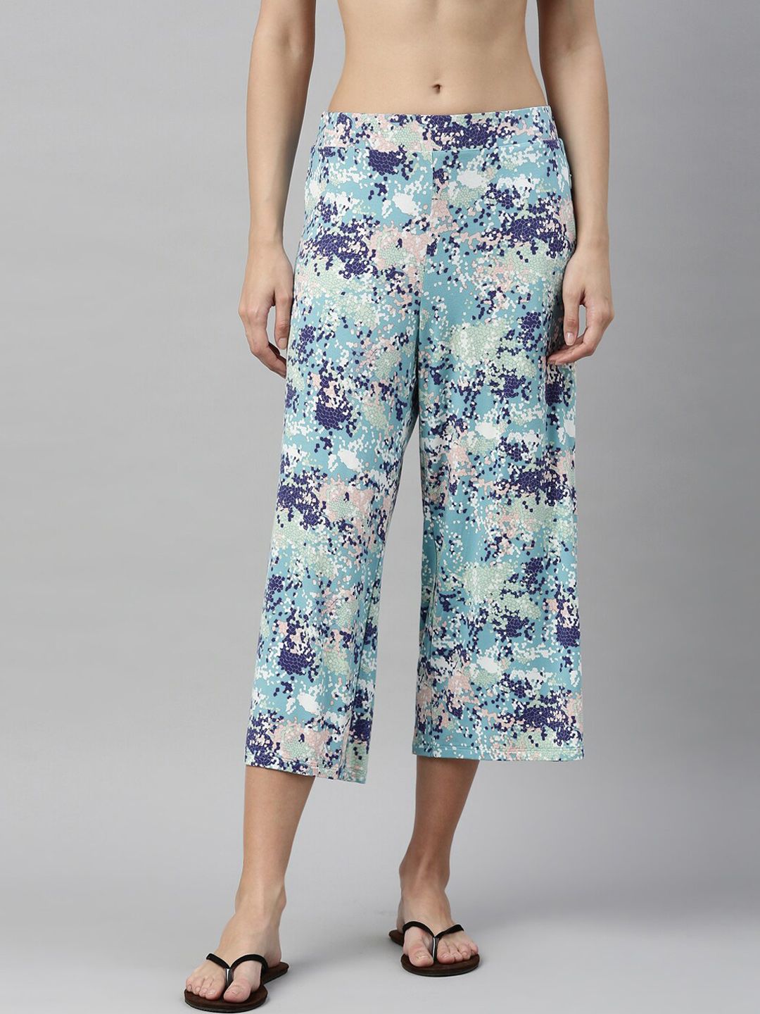 Enamor Women Blue & White Printed Flared Lounge Pants Price in India