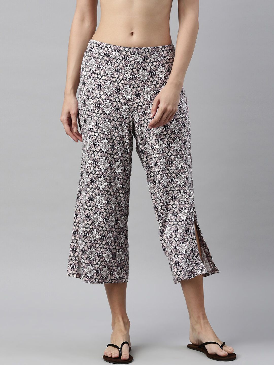 Enamor Women Mauve & White Printed Relaxed Fit Lounge Pants Price in India