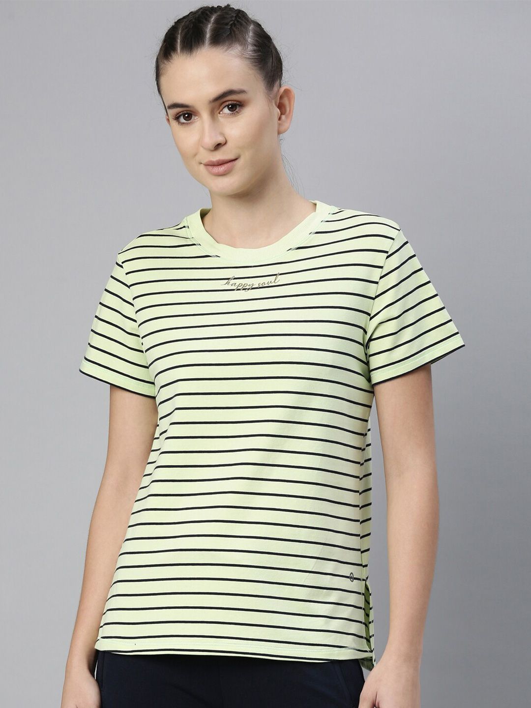 Enamor Women Green & Navy Blue Striped Antimicrobial Outdoor Relaxed Fit Cotton T-shirt Price in India