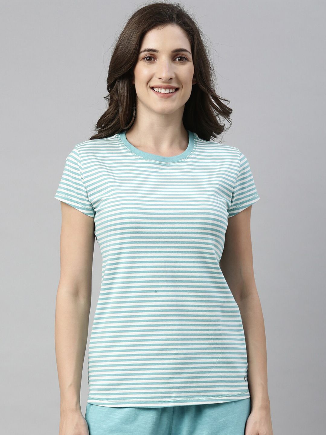 Enamor Women Blue & White Striped Slim Fit Lounge T-shirt Price in India