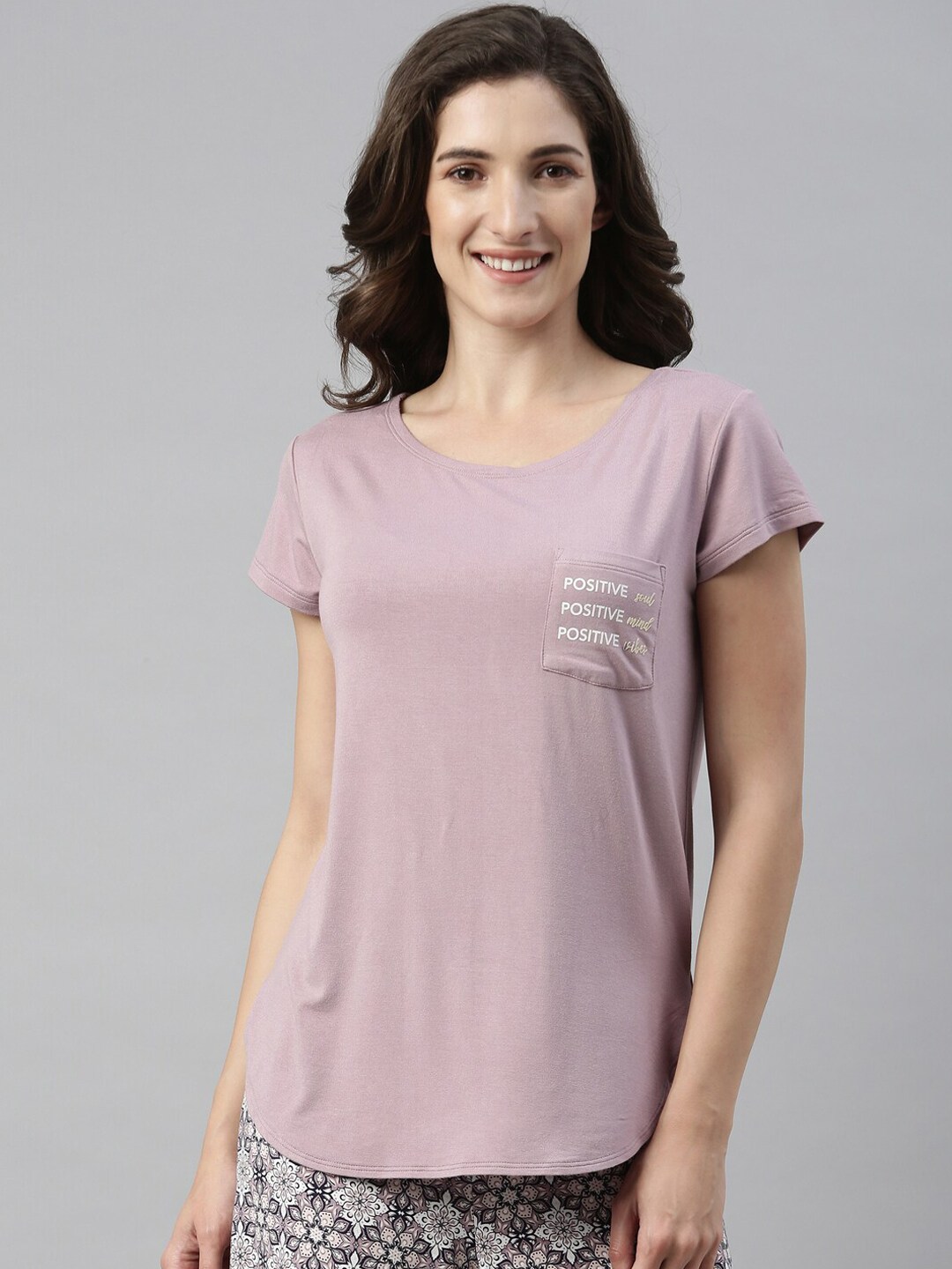 Enamor Women Mauve Solid Relaxed-Fit Lounge T-Shirt Price in India