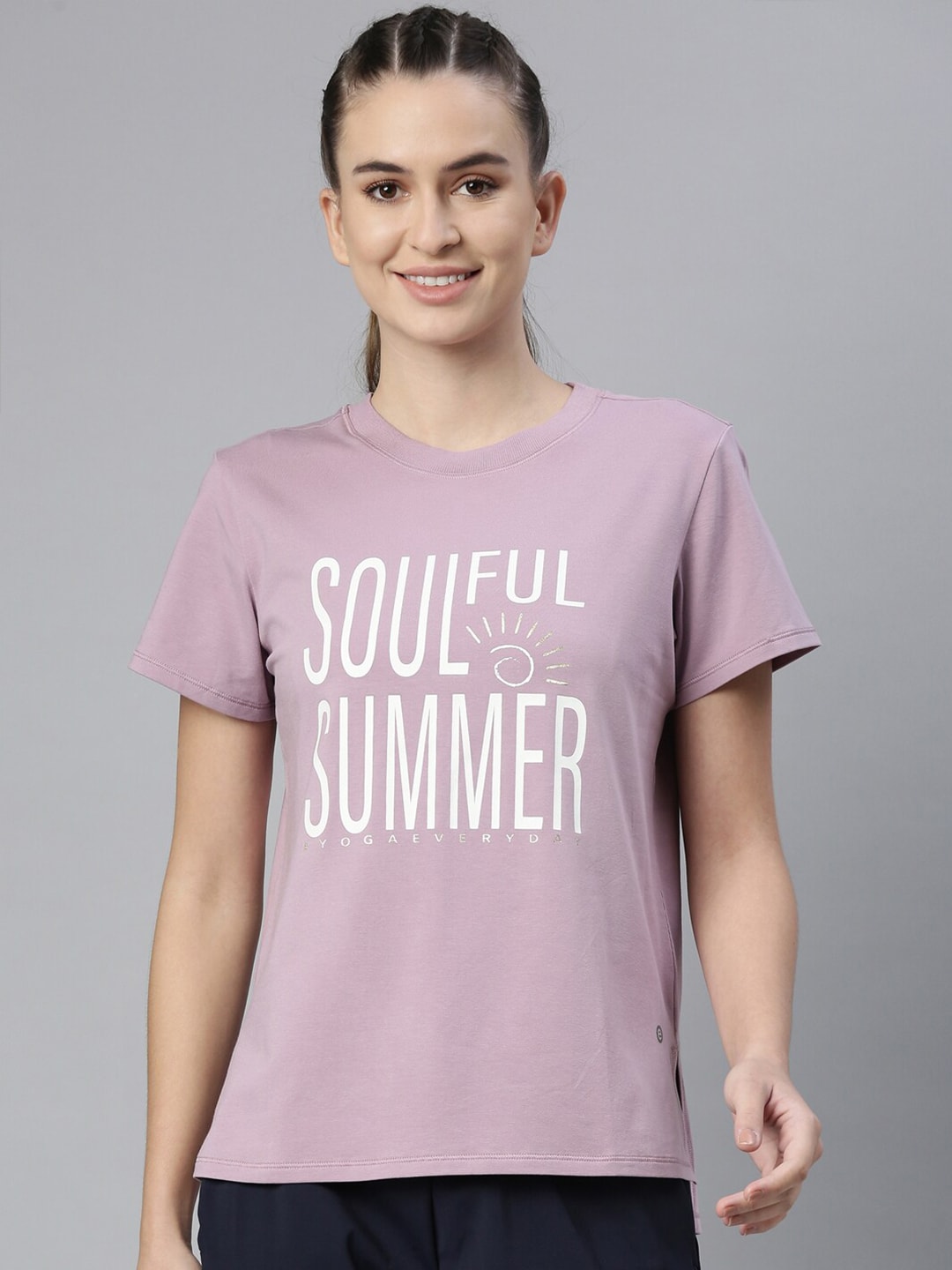 Enamor Women Purple Typography Printed Anti Odour Outdoor Relaxed Fit Cotton T-shirt Price in India