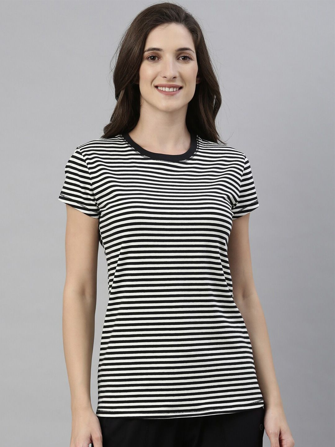 Enamor Women Black & White Striped Cotton Lounge T-shirt Price in India
