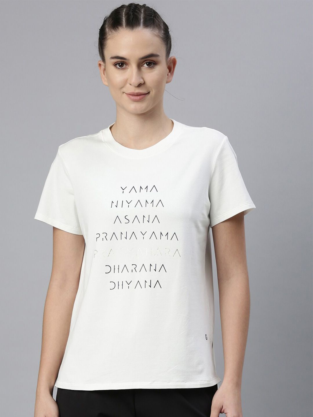 Enamor Women Off White & Black Typography Printed Anti Odour Outdoor T-shirt Price in India