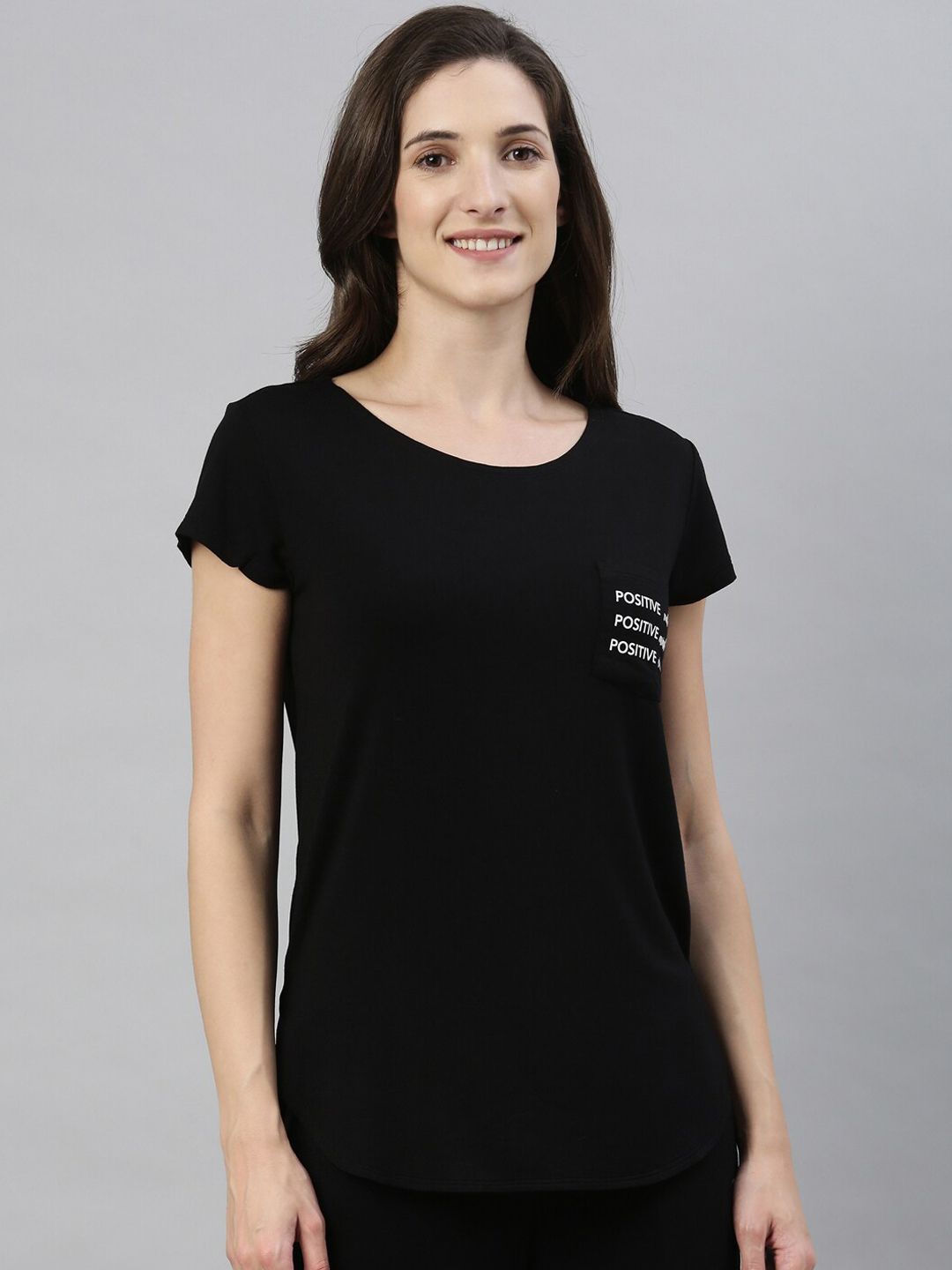 Enamor Women Black Printed Relaxed-Fit Lounge T-shirts Price in India