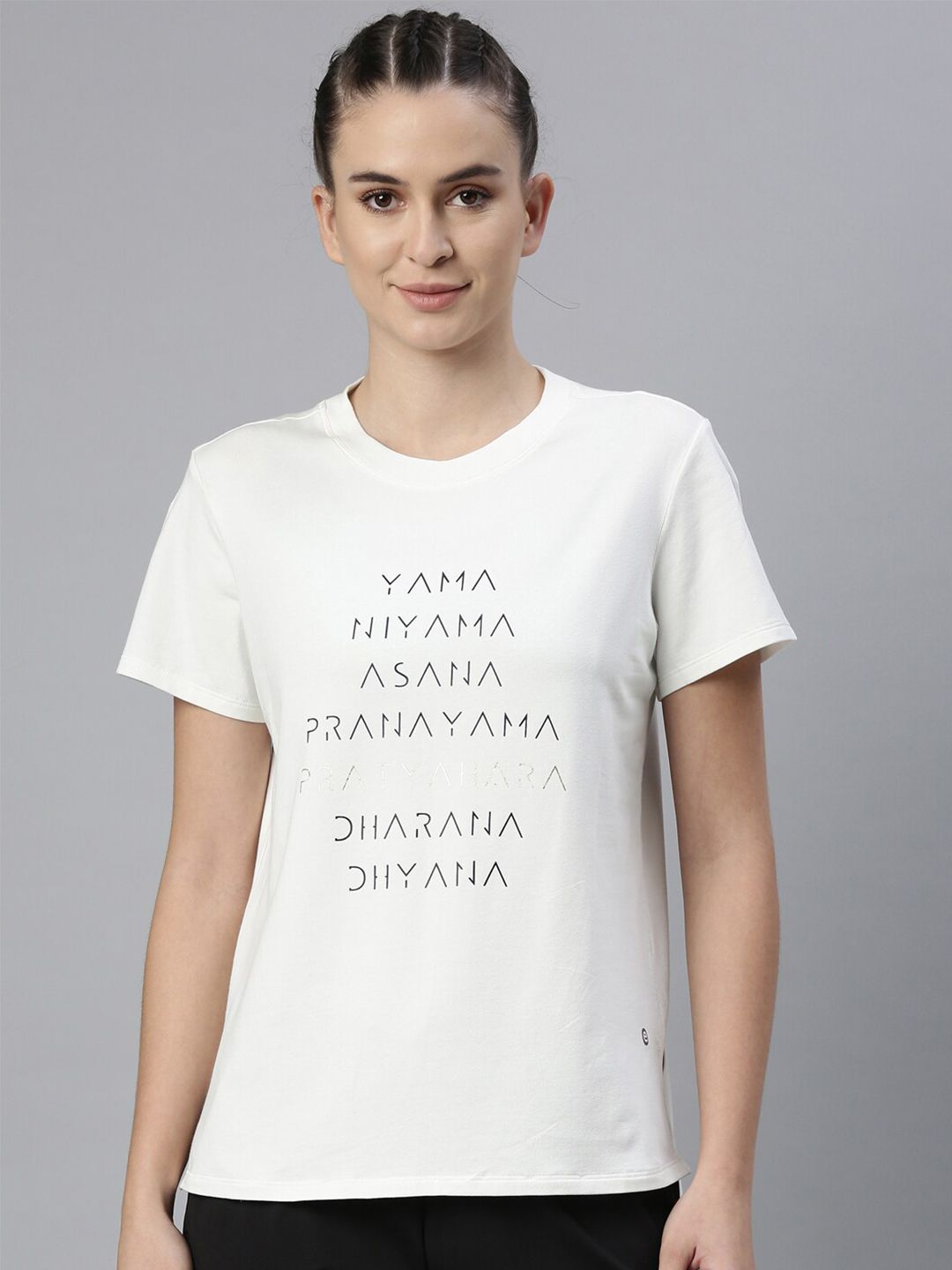 Enamor Women Off-White Typography Printed Relaxed Fit Antimicrobial Sports T-shirt Price in India