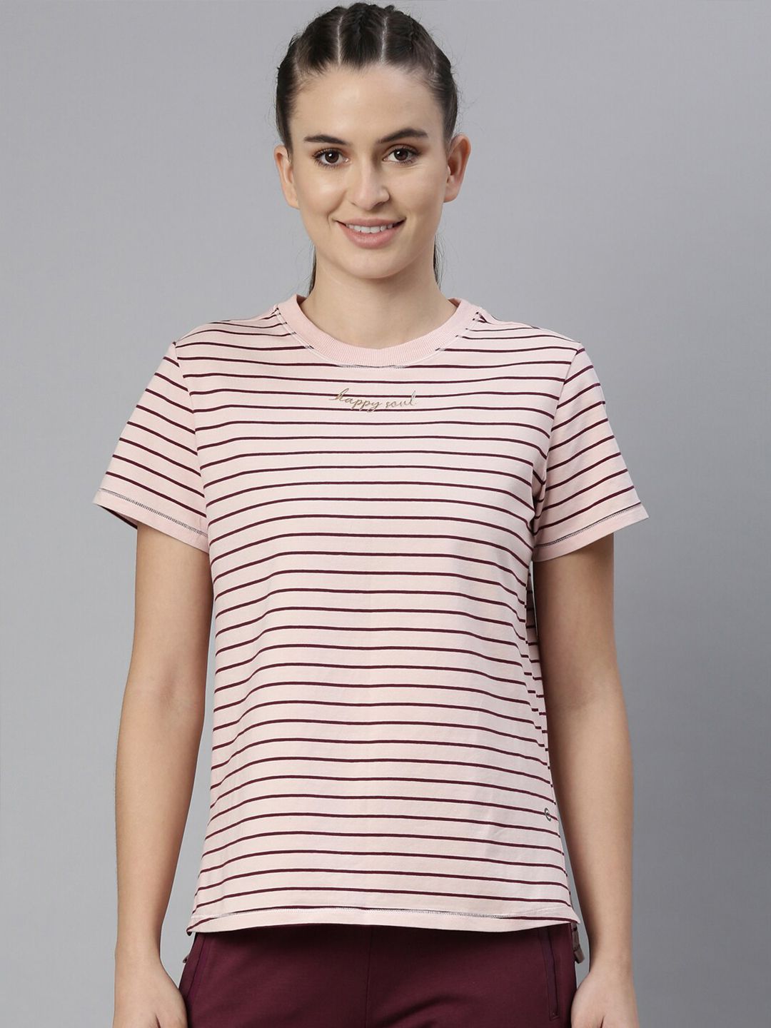 Enamor Women Pink Striped Antimicrobial Outdoor Cotton T-shirt Price in India