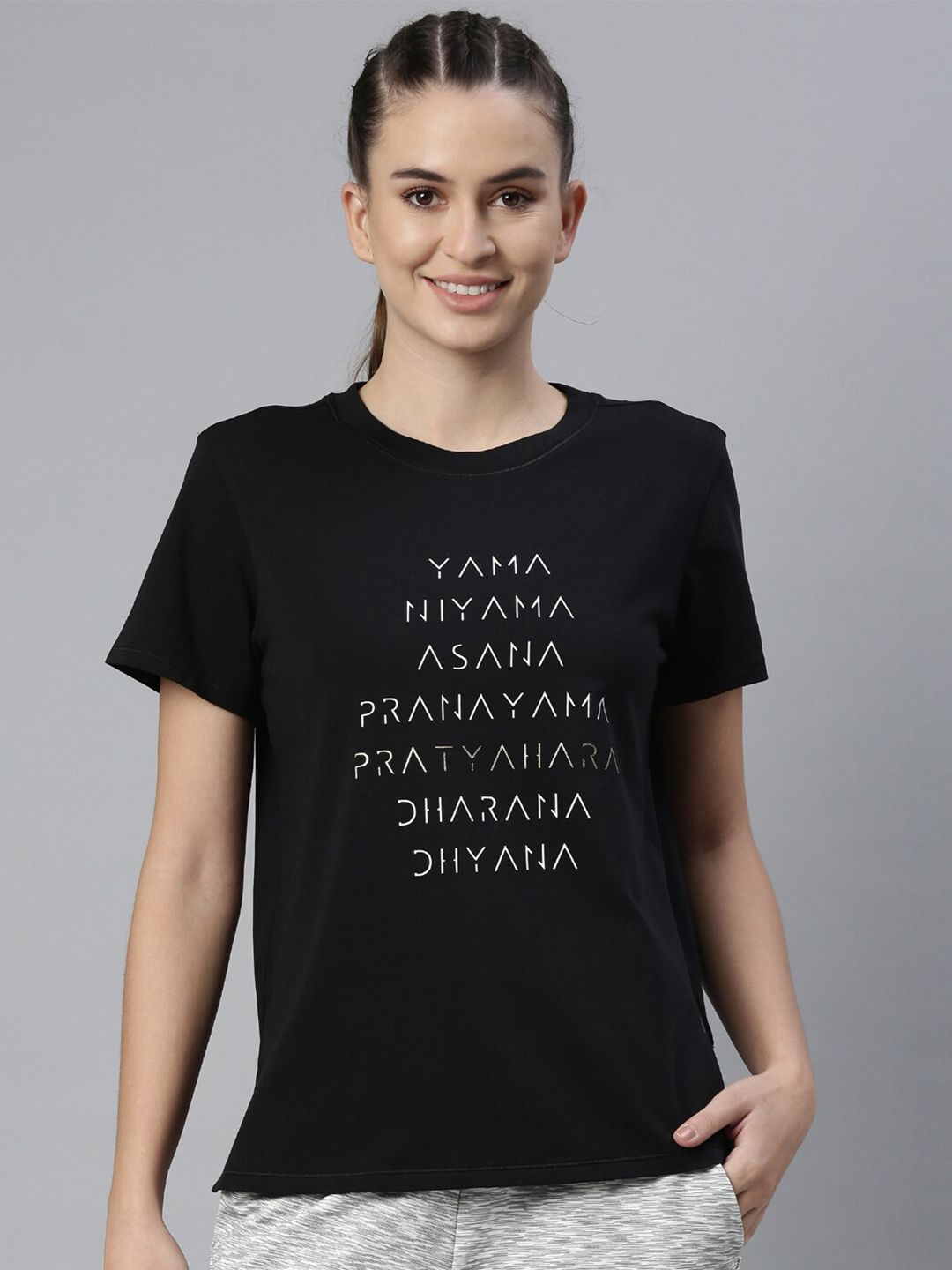 Enamor Women Black Typography Printed Antimicrobial Outdoor T-shirt Price in India