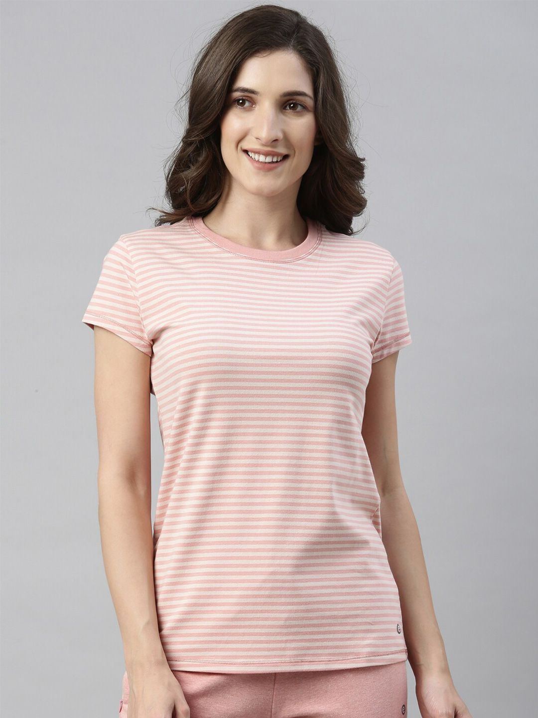 Enamor Women Pink & White Striped Slim Fit Cotton Lounge T-shirt Price in India