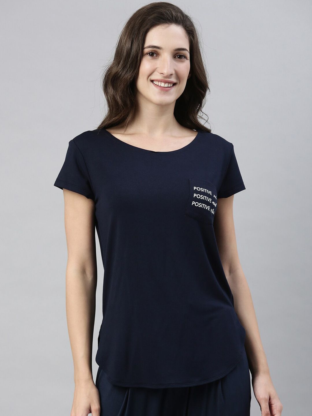Enamor Women Navy Blue Solid Relaxed Fit Lounge T-shirts Price in India
