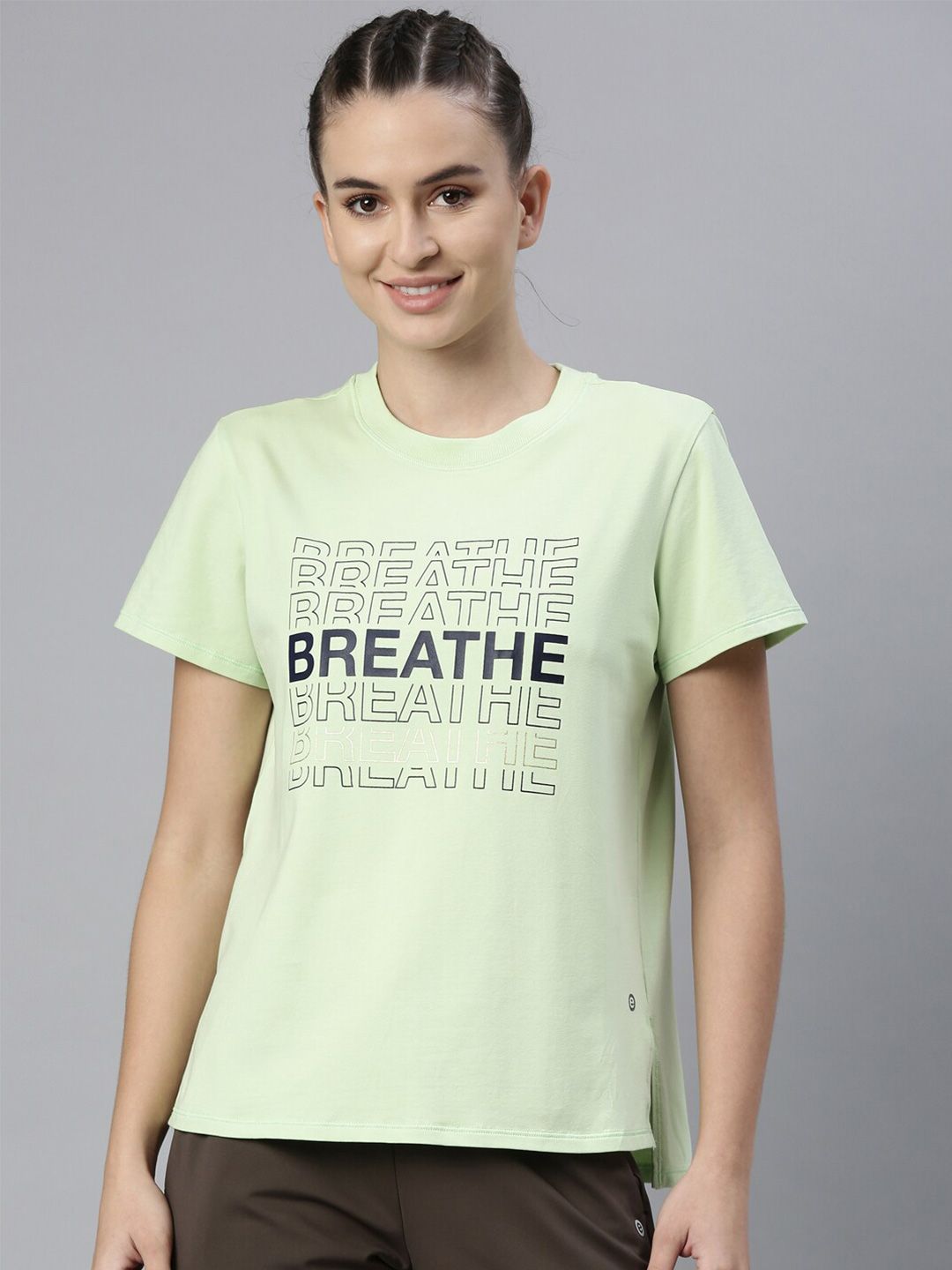 Enamor Women Green Typography Printed Anti Odour Relaxed Fit Outdoor Cotton T-shirt Price in India