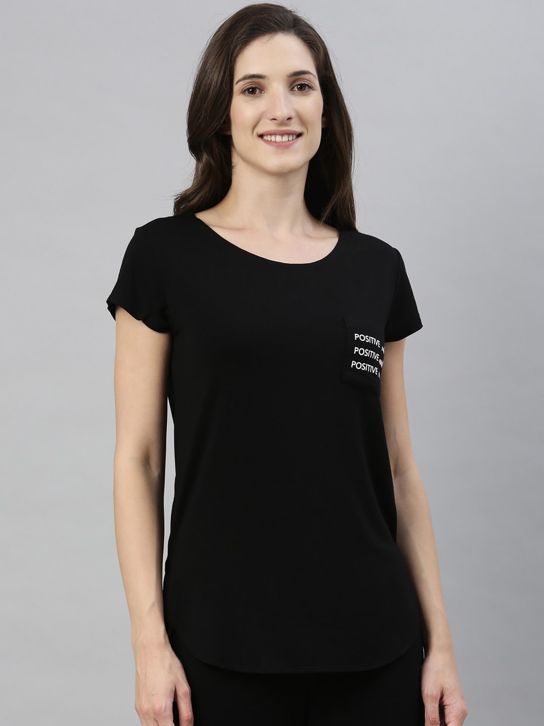 Enamor Women Black Solid Relaxed Fit Lounge T-shirt Price in India