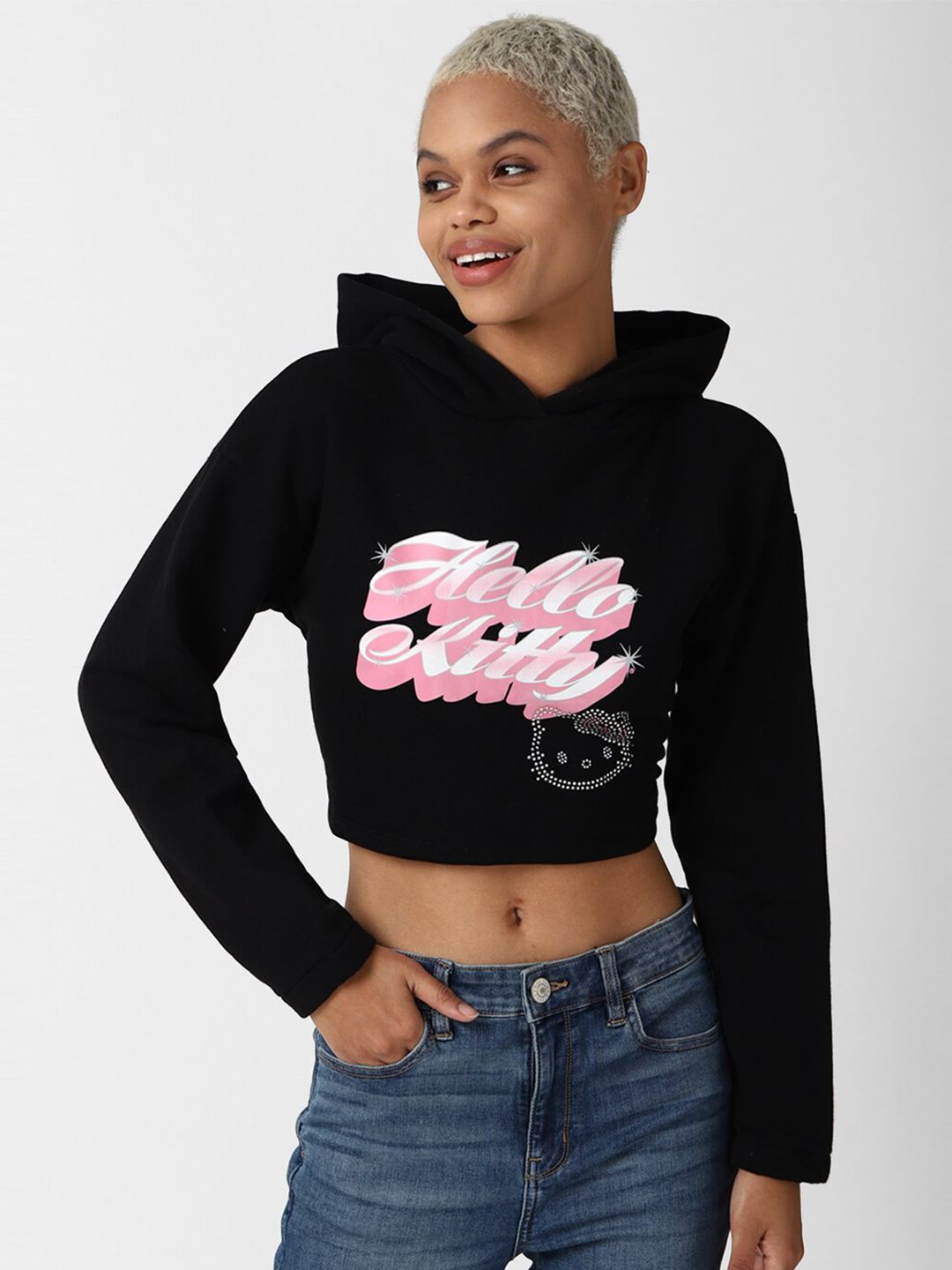 FOREVER 21 Women Black & Pink Hello Kitty Printed Hooded Pure Cotton Sweatshirt Price in India