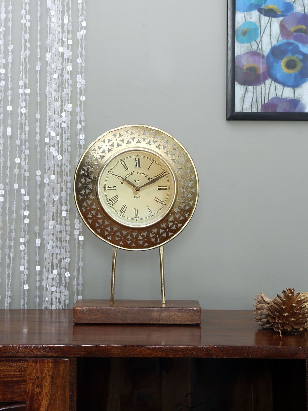Athome by Nilkamal Gold-Toned & Brown Textured Contemporary Analogue Table Clock 20.5 cm Price in India