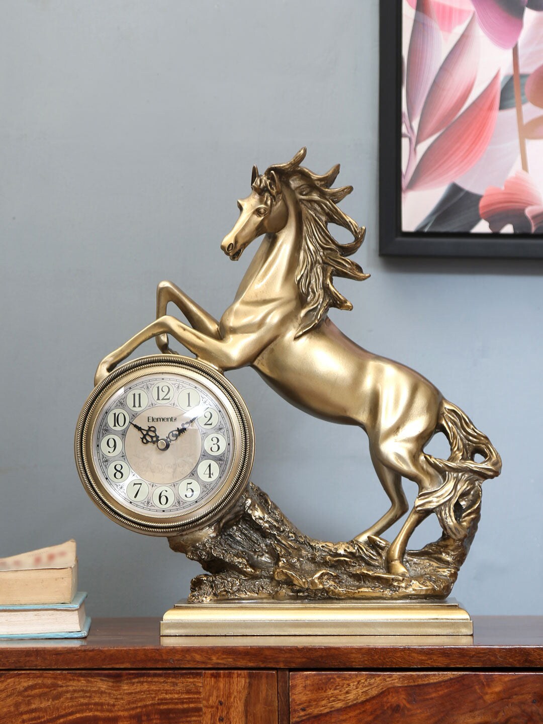 Athome by Nilkamal Gold-Toned Embellished Animal Shaped Jumping Horse Table Clock Price in India