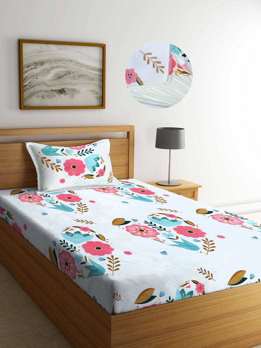 Arrabi White & Pink Floral 300 TC Single Fitted Bedsheet with 1 Pillow Covers Price in India