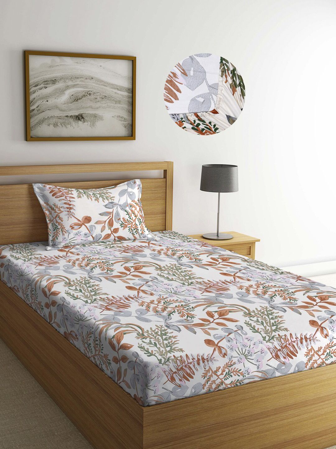 Arrabi Multi Leaf 300TC Cotton Blend Single Size Fitted Bedsheet with 1 Pillow Cover Price in India