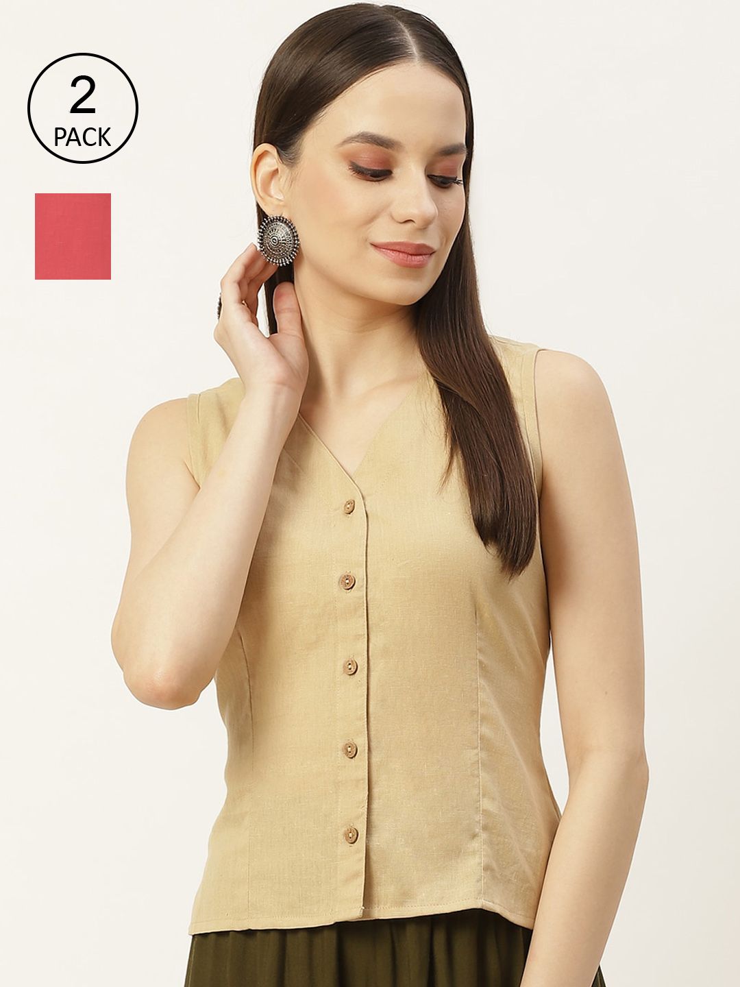 Molcha Women Peach & Beige Pack of 2 Non Padded Cotton Long Blouse Price in India
