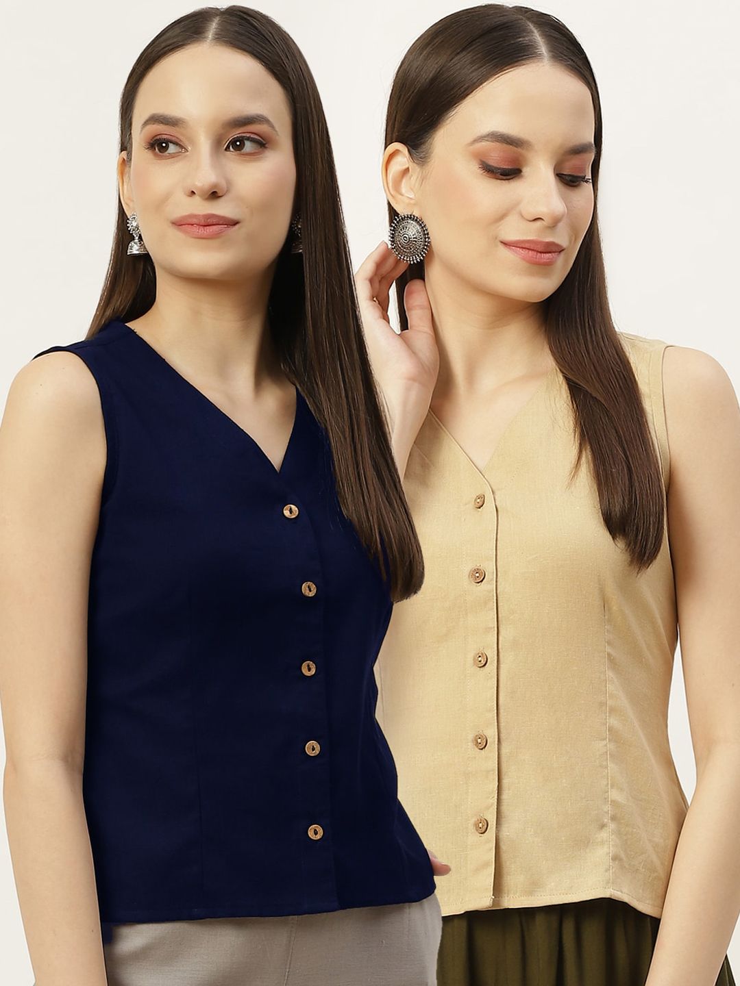 Molcha Women Pack of 2 Navy Blue & Beige Solid Non Padded Front Open Cotton Long Blouse Price in India