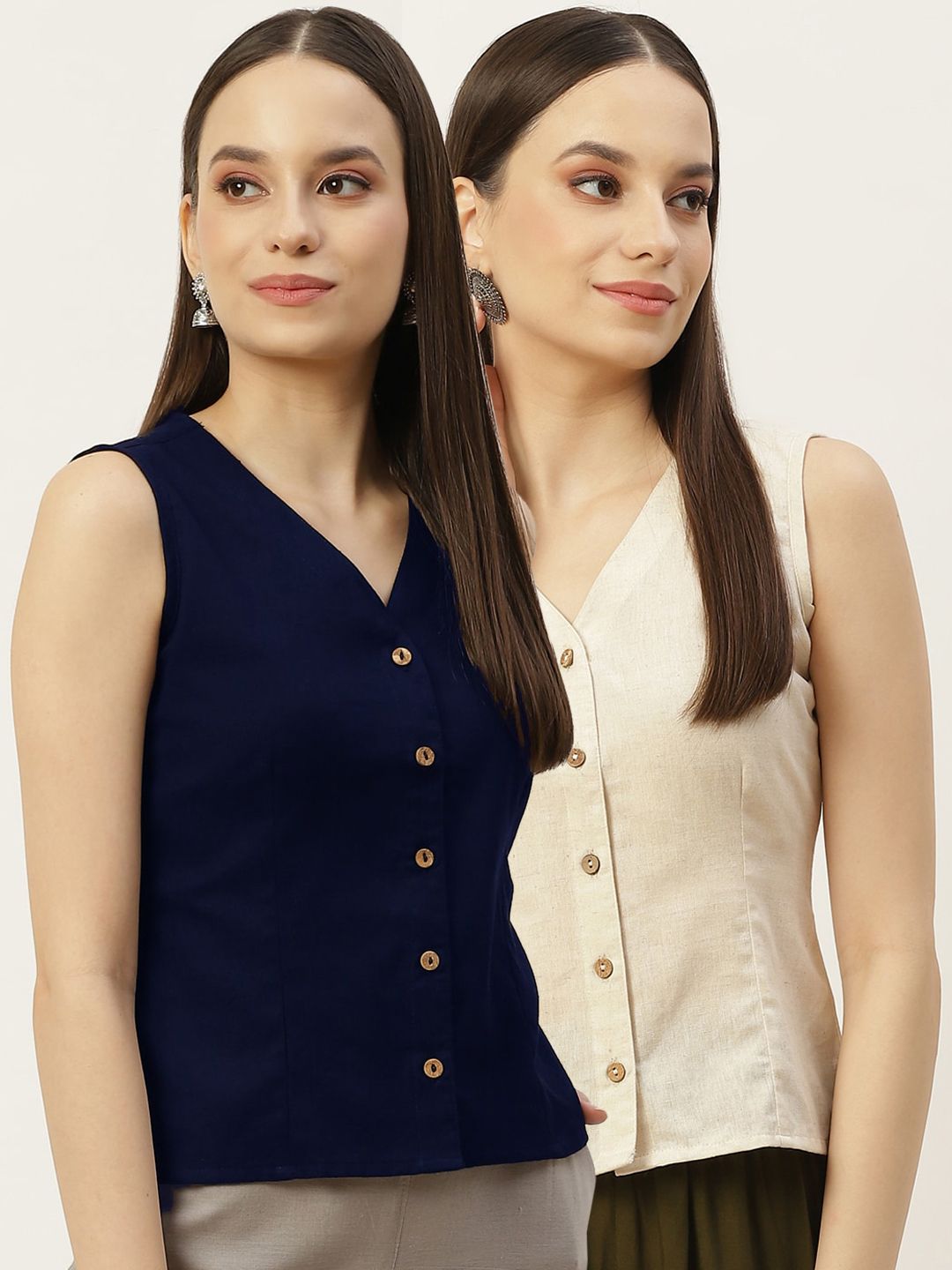 Molcha Women Pack Of 2 Solid Cotton Long Blouse Price in India