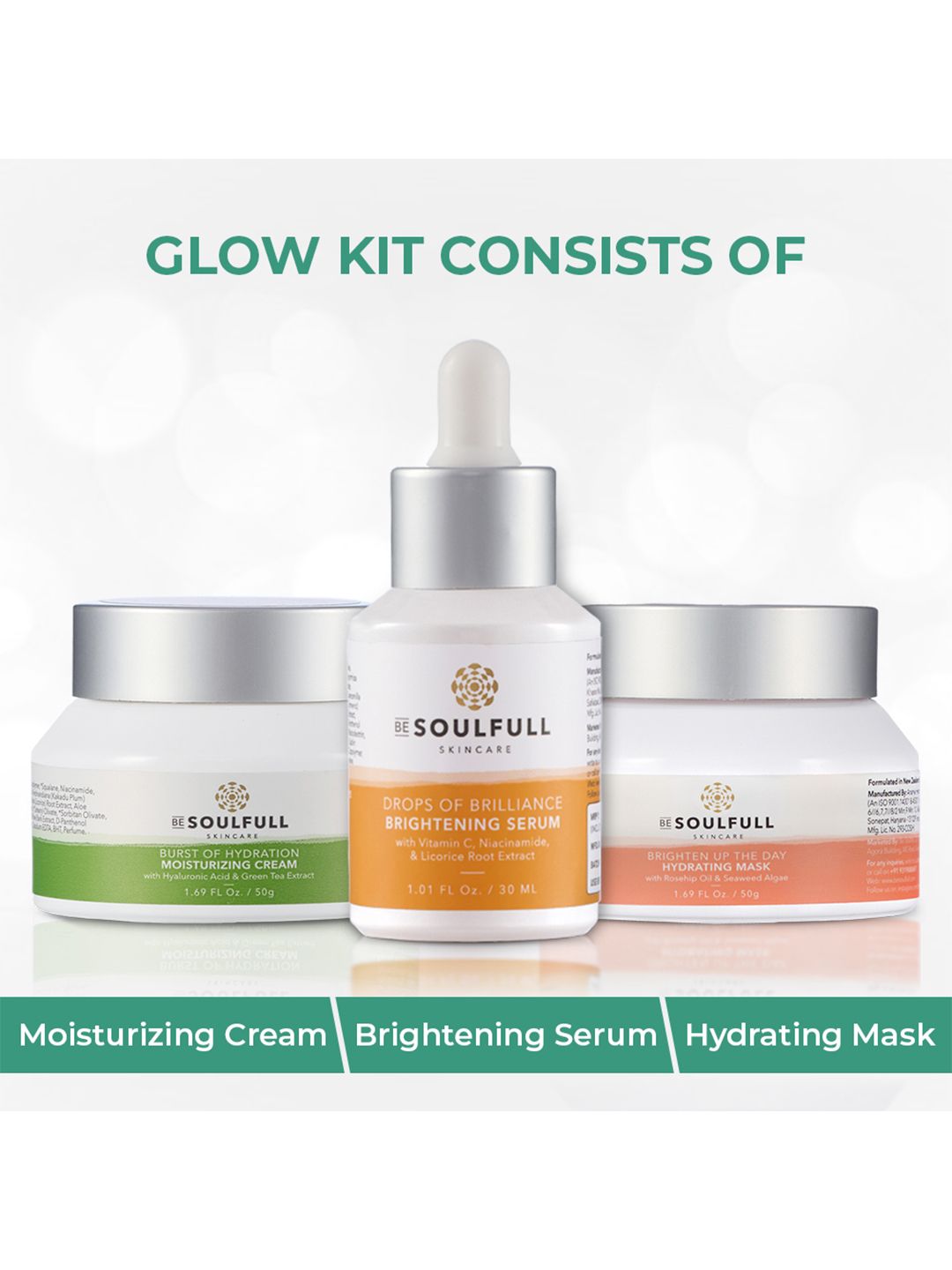 BE SOULFULL Set of 3 Hyaluronic Hydration Mask, Serum & Moisturizer Glow Kit