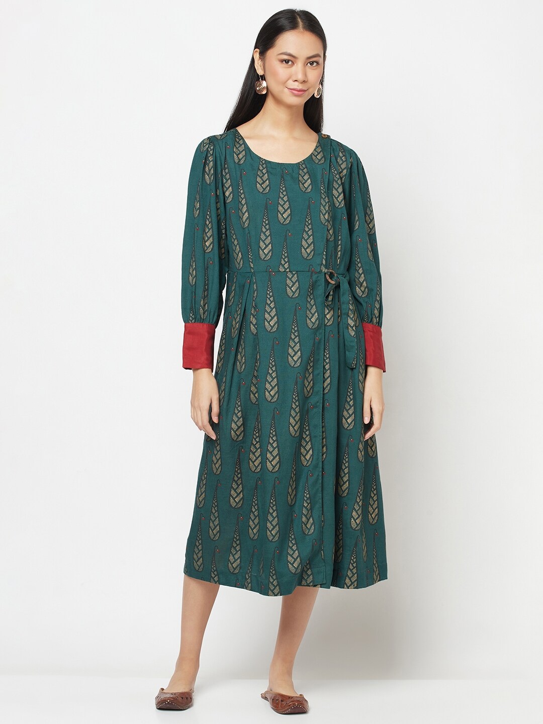Fabindia Green Ethnic Motifs A-Line Midi Dress Price in India