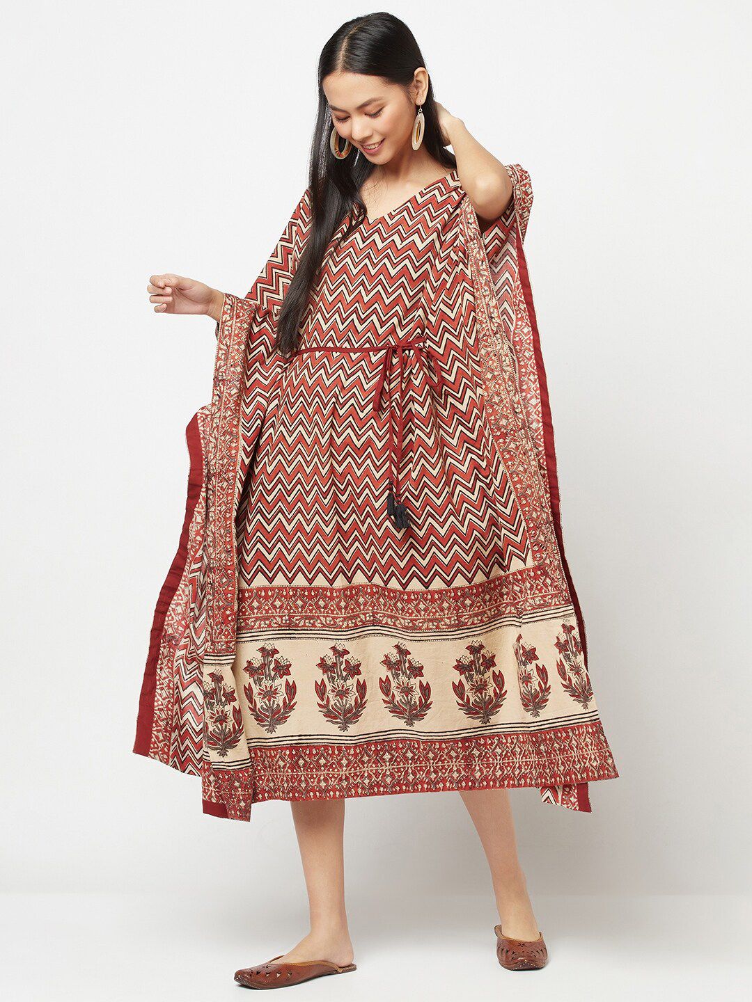 Fabindia Red & Cream-Coloured Ethnic Motifs Block Printed Cotton Kaftan Midi Dress Price in India