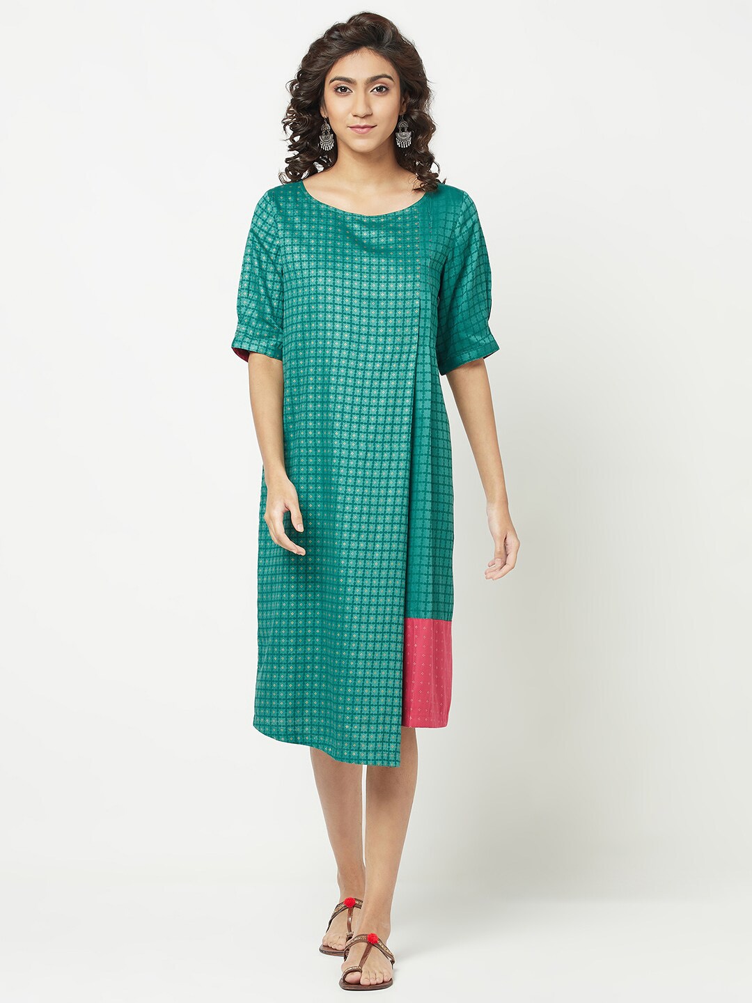Fabindia Women Green Geometric Printed A-Line Dress Price in India
