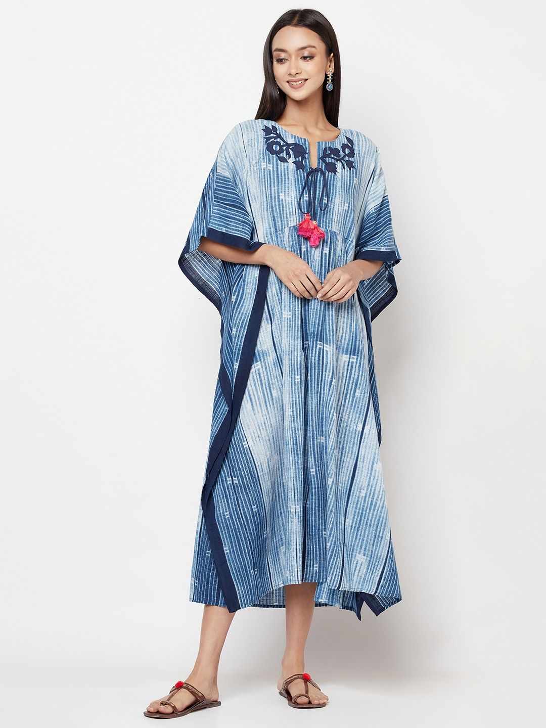 Fabindia Women Blue & White Abstract Printed Kaftan Cotton Midi Dress Price in India